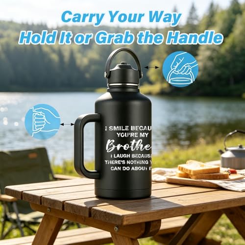 Brother Gifts 64 oz Water Bottle Insulated with Straw and Handle, Fathers Day Bro Gift from Sister, Best Brother Ever Gifts, Gift for Brothers Adult - I Smile Because You are My Brothers Tumbler - color: Brother