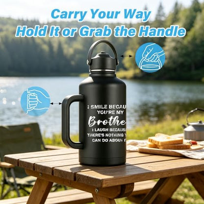 Brother Gifts 64 oz Water Bottle Insulated with Straw and Handle, Fathers Day Bro Gift from Sister, Best Brother Ever Gifts, Gift for Brothers Adult - I Smile Because You are My Brothers Tumbler - color: Brother
