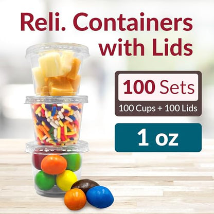 Reli. 1 oz Condiment Containers with Lids (100 sets) | Ideal for Sauce, Souffle, Samples, Jello Shot Cups | Disposable, BPA-Free Plastic | Small Containers 1oz, Bulk