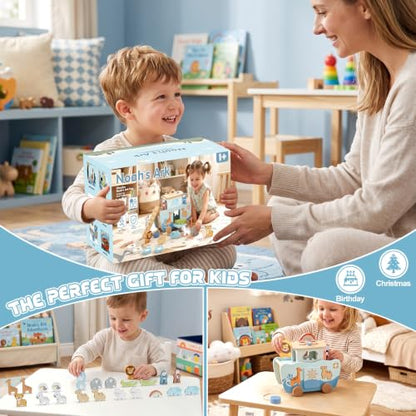 Hoarosall 27PCS Wooden Noah's Ark Montessori Toys for 1 Year Old Baby Boys Girls Christian Toys for Toddlers 1-3 Ideal Baptism Christmas & 1st Birthday Gifts - color: Blue