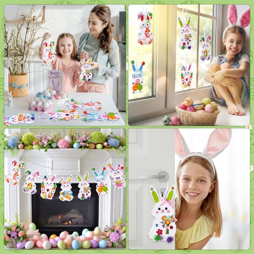Funrous 48 Sets Crafts Kit Paper Crafts DIY Make Your Own Hanging Ornaments with Pompoms Diamond Stickers for Holiday Classroom Activities Party Favors, Easter Bunny - style: Easter Bunny