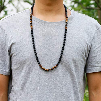 Black Onyx Glass Beads Men's Tiger Eye Stone Bead Necklace - color: black