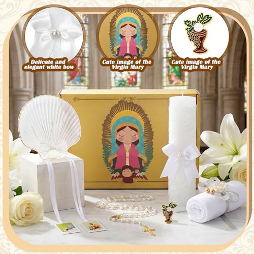 Liliful 7 Pcs Virgen De Guadalupe Baptism Candle Set, Catholic Baptism Gift Candle Towel Shell Rosary Set, Velas para Bautizo Gift for First Communion Baptismal Party Favors