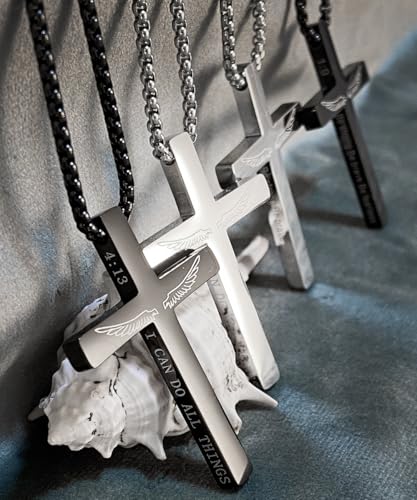 Cross Necklace Stainless Steel Necklace Religious Bible Verse Pendant Crucifix Necklace Faith Jewelry with 22' Chain - style: Joshaua 1:9 WINGS BLACK