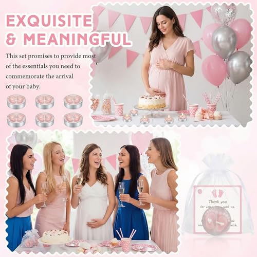 Treela 20 Sets Baby Shower Favor Pink Tea Light Candles Organza Bag Cards - color: Pink