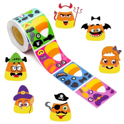Haooryx DIY Candy Sticker Roll - 300Pcs Halloween Funny Candy Corn Stickers, Make Your Own Sweet Face Decals, Waterproof Vinyl Decors for Kids Laptop Scrapbook Water Bottle Birthday Party Favor Supply - style: Halloween Candy Corn 1Roll