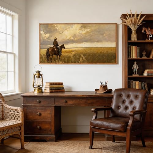 Aurlan Western Cowboy Framed Canvas Wall Art 40x20 Inch - color: Western Cowboy, size: 40"L x 20"W