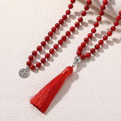 INBLUE 108 Mala Prayer Beads Wrap Necklace with Long Tassel Boho Necklace for Women Amazonite Bead Bracelet with Spiritual Tree of Life Pendant 108 Beads Necklace for Meditation - color: Natural Red Turquoise
