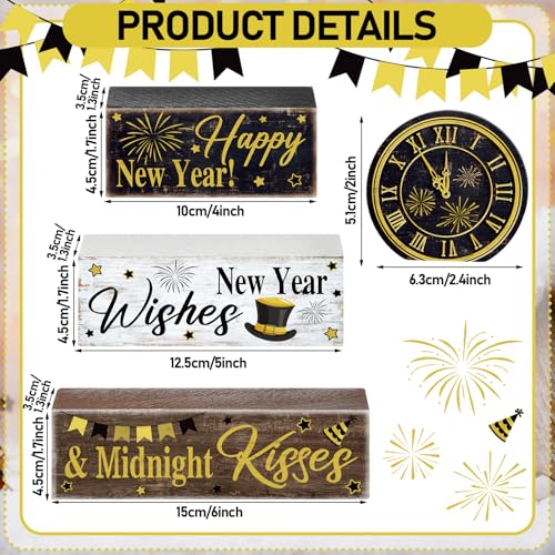 Moucuny 4 Pcs New Year Table Decorations, Happy New Year Wood Block Sign - style: Clock
