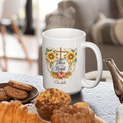 Custom Mug With Bless Your Heart Message, Christian Cup 11oz 15oz, Personalized Sunflowers And Cross Design Mug, Customized Name Religious Coffee Cup, Gift For Christian Men Women - color: HOA-624-2169-BLESS YOUR HEART MUG