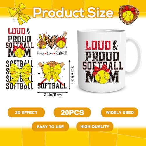 UV DTF Cup Wrap - 20 Sheets Softball UV DTF Cup Wraps for 16 OZ Glass Mugs, Sport Mama Bow Ball UVDTF Stickers, Waterproof Rub on Transfer Decals for DIY Water Bottle Tumbler Crafts - style: Softball