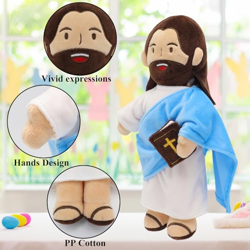 Yelakey Jesus Plush - 13.4“ Voice Jesus Plush Toy Speaking 20 Bible Verses and Singing 3 Bible Songs, Religious Stuffed Doll for Kids, Christian Easter Gift for Church and Sunday School - color: Brownblue
