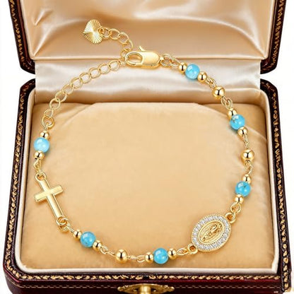 Gold Rosary Bracelet for Women Virgin Mary Jesus Cross Charm Link Chain Golden Religious Rosarios Catolicos Virgen de Guadalupe Bracelets Religious Jewelry Gift for Confirmation Baptism First Communion Gift - color: Green