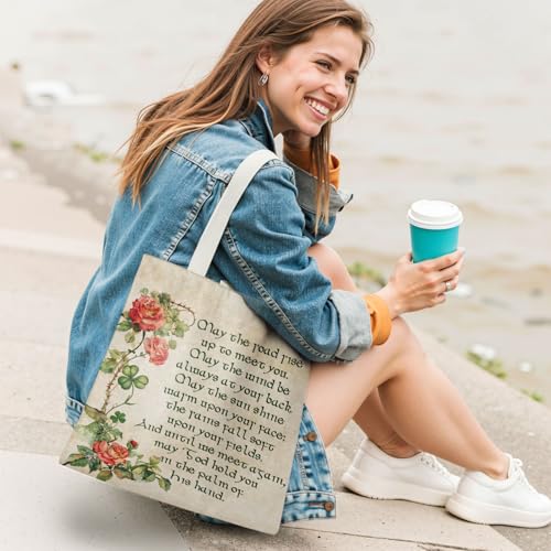 Christian & Irish Blessing Floral Tote Bag, Bible Verse Faith Canvas Tote Bags for Women - color: Vintage Irish Blessing