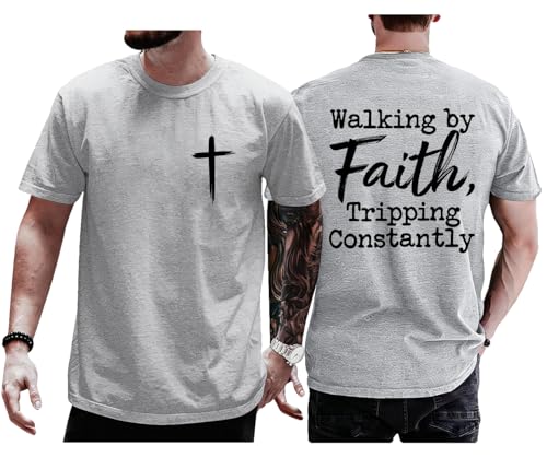 Christian Shirts for Men, Faith Tshirts for Women, Walking by Faith Tripping Constantly T-Shirt, Funny Religious Tee - color: Grey, size: Small