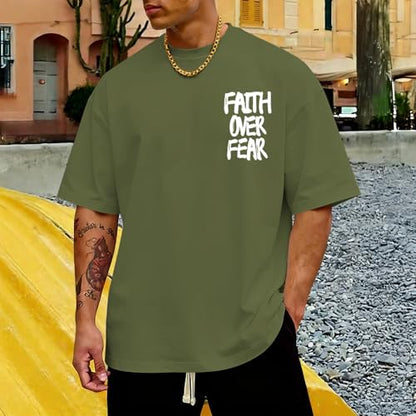 Christian Jesus Shirts for Men Faith Over Fear Shirt God Religious Bible Verse Inspirational Oversized Graphic Tees - color: Light Army Green, size: X-Large