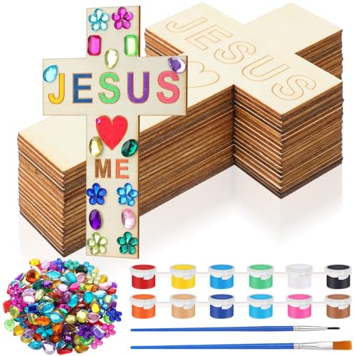 Blueweenly 20 Pcs DIY Wood Cross Crafts for Kids Sunday School Vacation Bible School Supplies Jesus Love Me Religious Christian Craft with Stickers Paint Unfinished Cross Gift for Church