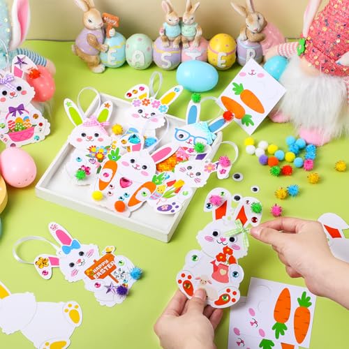 Funrous 48 Sets Crafts Kit Paper Crafts DIY Make Your Own Hanging Ornaments with Pompoms Diamond Stickers for Holiday Classroom Activities Party Favors, Easter Bunny - style: Easter Bunny