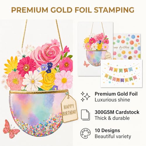 100 Pack Birthday Cards Bulk with Envelopes & Stickers, Large 5x7 Assorted Happy Birthday Cards, 300gsm Thick Cardstock, Gold Foil Designs, Blank Inside, Storage Box Included