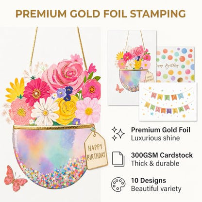 100 Pack Birthday Cards Bulk with Envelopes & Stickers, Large 5x7 Assorted Happy Birthday Cards, 300gsm Thick Cardstock, Gold Foil Designs, Blank Inside, Storage Box Included