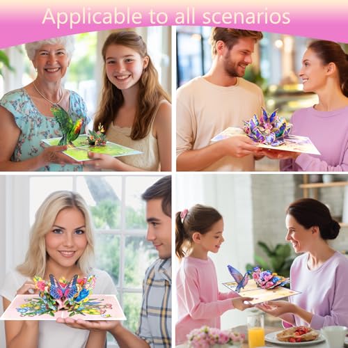 Magic Ants Pop Up Card Set for Women – 4 Pack 3D Greeting Cards with Butterflies, Flowers & Parrot – Birthday, Thank You, Get Well, Sympathy, Concelence, All Occasion – Includes 4 Envelopes & 4 Blank Notecards - color: Hummingbird Floral Butterfly Parrot