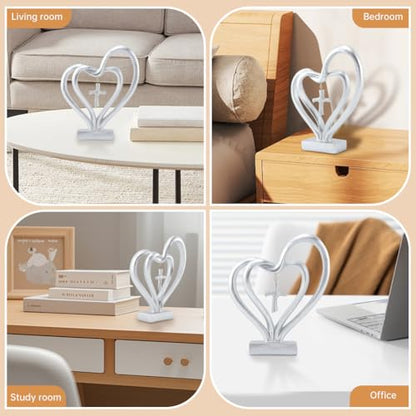 Double Heart Sculpture, Romantic Resin Sculpture of Two Hearts and Cross for Table Shelf Ornaments, Double Heart Figurines for Valentines Anniversary Wedding Couple Gift(COLOR:silver)