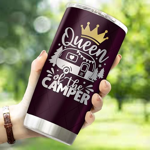 Queen of The Camper Tumbler Camping Gifts For Campers Women Mom Coffee Cup with Lid 20oz Stainless Travel Mug Water Bottle Wife Gift - color: Camping