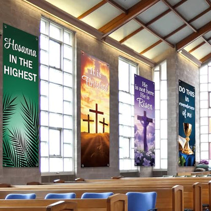 4Pcs Easter Church Banners for Sanctuary Wall Welcome Religious Banners Hanging Backdrop Easter Porch Signs Bible Verses Banner Scripture Hanging Signs for Church School Decor - style: Religious Scripture