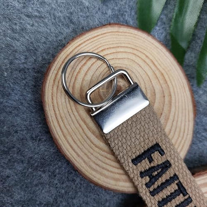 FAITH OVER FEAR embroidered keychain, Christian Gifts, Religious Gifts, Thanksgiving Gift - color: Camel Beige - White
