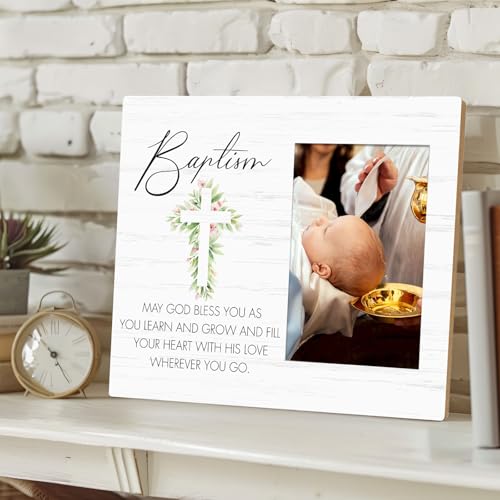 May God Bless You As You Learn And Grow- Baby Baptism Wooden Picture Frame, Gift from Godparents for Baby Shower, Christening Gifts from Godfather Godmother, for Tabletop or Wall Mounting (4x6 Inch Photo) - color: Baptism-3