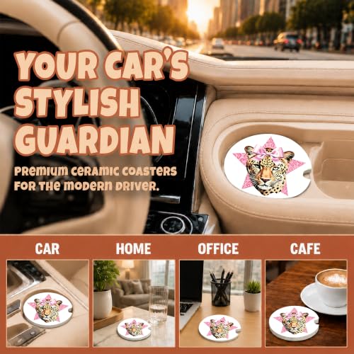 Pink Bow Car Coasters, Retro Leopard Print Coquette Cup Holders, 12 - color: Pink Bow