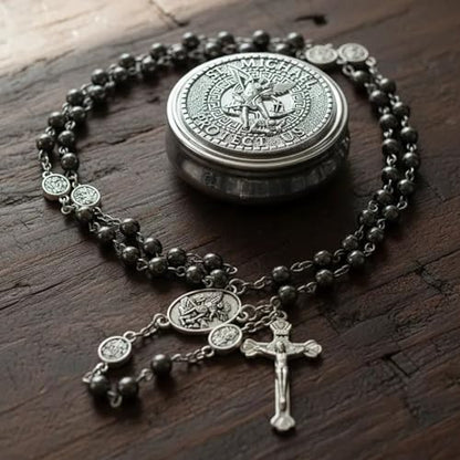 Nazareth Store St Michael Rosary Hematite Stone Beads Necklace Metal Beaded Glory Beads Archangel Medal & Cross with Metal Gift Box - color: Silver | Jesus Cross