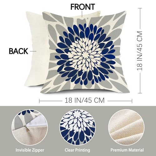 Dark Blue Grey Dahlia Decorative Throw Pillow Covers 18 x 18 Set of 4 - color: Blue Dahlia, size: 18" x 18" (Pack of 4)