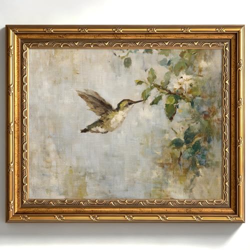 Vintage Hummingbird Wall Art Bird Floral Prints Retro Cottagecore Canvas Wall Decor Botanical Bird Picture Rustic Farmhouse Oil Painting Hummingbird Artwork for Living Room Bedroom 9x11 Inch Gold Framed - color: Bird Flower Prints, size: 9x11 Inch Gold Fr