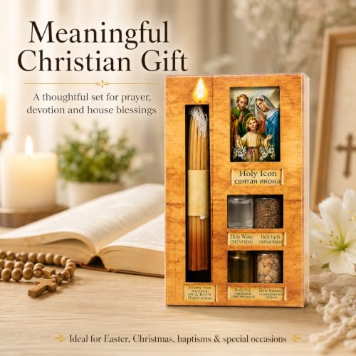 Zuluf Anointing Oil Gift Set Holy Icon Christian Keepsake from Jerusalem Bethlehem with Beeswax Candle, Holy Water, Blessed Earth, Olive Oil, Incense for Baptism, Christening, Godparent Faith Gift