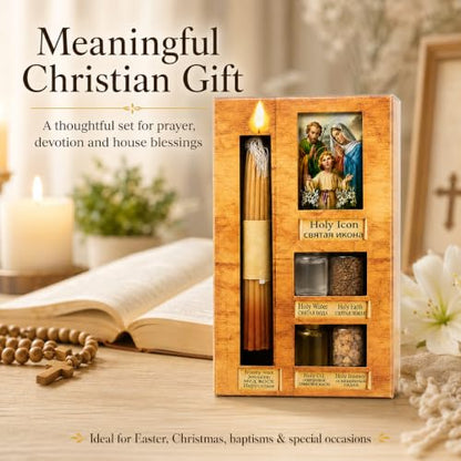 Zuluf Anointing Oil Gift Set Holy Icon Christian Keepsake from Jerusalem Bethlehem with Beeswax Candle, Holy Water, Blessed Earth, Olive Oil, Incense for Baptism, Christening, Godparent Faith Gift