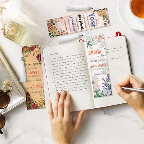 8 Pieces Christian Bible Verse Diamond Art Bookmarks 5d Christian Beaded Bookmark Acrylic Tassel Bookmark for DIY Making Beginners Adults Arts Craft Supplies (Spanish) - color: Spanish