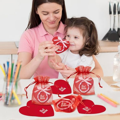 BeYumi Mom Bracelet Craft Kit - 24 Pack Mother's Day Mom Letter Heart Beads Bracelets with Heart Gift Cards and Bags DIY Thankful Craft Kit to Mothers School Classroom Party Fun Activities Ages 6-12 - style: MOM