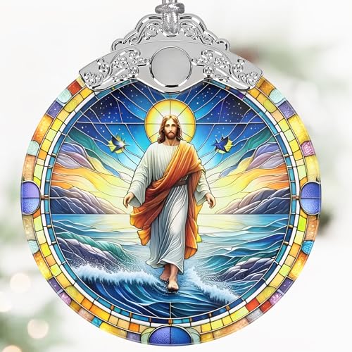 Jesus Christmas Ornaments, 3" Stained Glass Christmas Decor, Christmas Tree Ornaments, Christmas Tree Decorations, Gift for Religious Believers, Perfect for Holiday Party, Window, Tree, Home Decor - color: Jesus Walking in Galilee