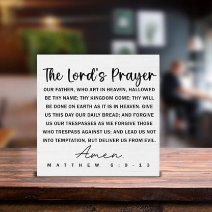 Christian Decor, Bible Verses Decor, the Lords Prayer Scripture Wood Sign Christian Wall Art Religious Decoration for Home Living Room Bedroom Office Desk Shelf Wall Table 5 X 5 Inch