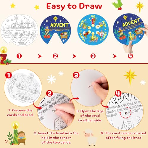 COcnny Christmas Coloring Craft - 24 Sets DIY Color Your Own Religious Christian Art Craft Wheel Cards, Xmas Advent Jesus Paper Kit for Church Sunday School Home Class Bible VBS Activities - style: Christmas Advent