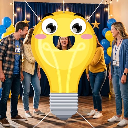 WovWeave VBS 2026 Light Bulb Face Hole Photo Booth Prop, Illumination Party Backdrop for Vacation Bible School, Sunday School Church Classroom Decorations, Funny Cartoon Photography Banner 71"x43" - style: Light Bulb