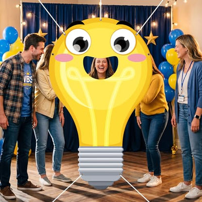 WovWeave VBS 2026 Light Bulb Face Hole Photo Booth Prop, Illumination Party Backdrop for Vacation Bible School, Sunday School Church Classroom Decorations, Funny Cartoon Photography Banner 71"x43" - style: Light Bulb