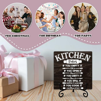 Kitchen Wooden Sign Decor, Kitchen Rules, Rustic Wooden Plaque Sign With Iron Stand, Farmhouse Home Office Restroom Desk Shelf Decorations - style: Kitchen