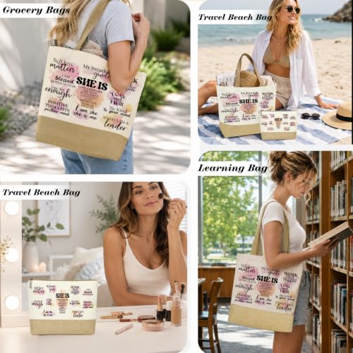 jeilink Inspirational Religious Gifts Boss Mom Birthday Christmas Tote Bag Canvas Reusable Grocery Beach Tote Black Pink - color: Self Care Positive 1747