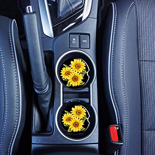 Stone Black Car Coasters - 2 Packs Absorbent Ceramic Cup Holder Coasters with Finger Notch and Easy Clean (Painting Sunflower) - color: Painting Sunflower