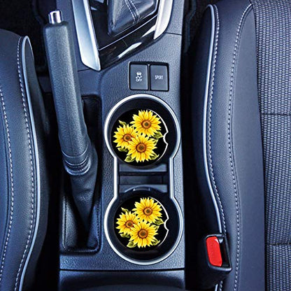 Stone Black Car Coasters - 2 Packs Absorbent Ceramic Cup Holder Coasters with Finger Notch and Easy Clean (Painting Sunflower) - color: Painting Sunflower