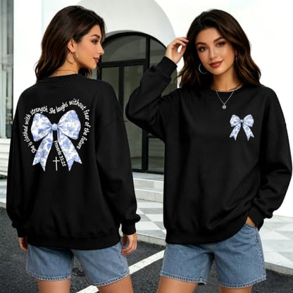 Bow Sweatshirt Christian Jesus Sweatshirts for Women Faith God Long Sleeve Shirts Bible Verse Graphic Pullover Gifts - color: Black, size: Medium