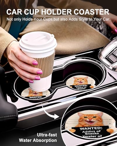 Swooflia 2 Pack Absorbent Ceramic Car Coasters for Women - color: Wanted Cat
