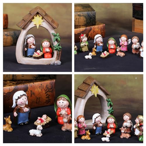 Nativity Set & Figures, 12 Pieces Small Christmas Nativity Scene with LED Light Resin Lighted Tabletop Nativity Indoor Decor Includes 1 Manger and 11 Figurine (Mini Figure)